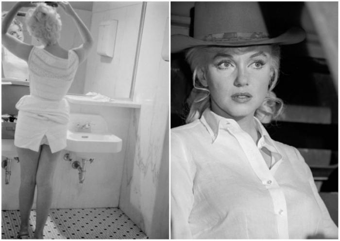 Слева актриса в ванной аэропорта Чикаго; справа на съемках фильма “Неприкаянные”. история, мэрилин монро, редкие кадры